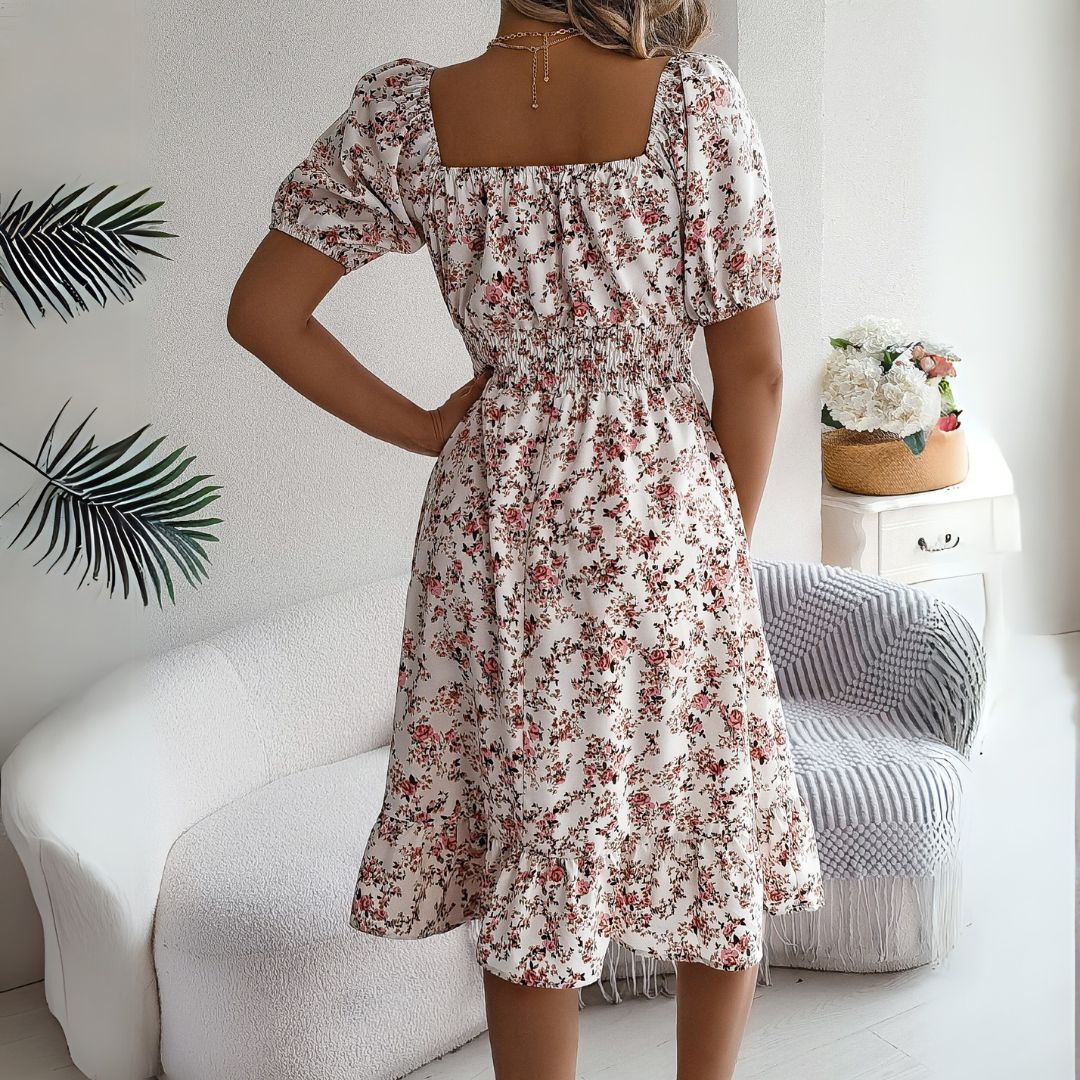 Vestea | Elegant Floral Midi Dress with Puff Sleeves - Image 2