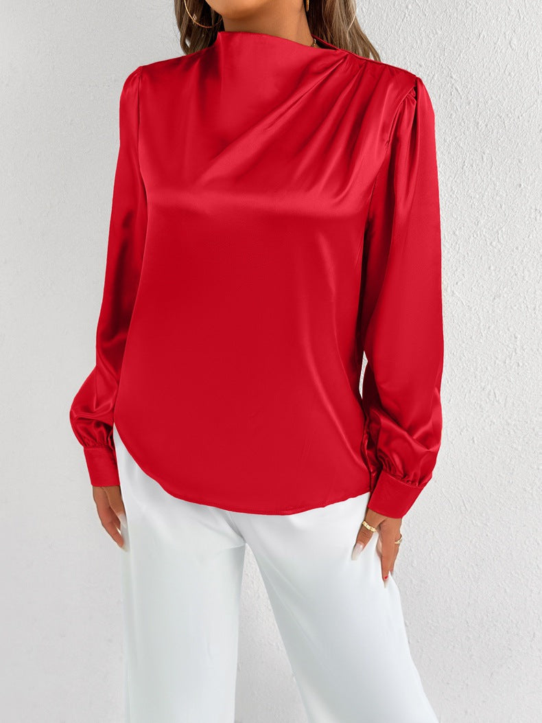 Couture-moda | Elegant Women’s Satin Blouse – Relaxed Fit, High Neck, Long Sleeve - Image 5