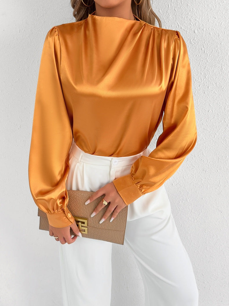 Couture-moda | Elegant Women’s Satin Blouse – Relaxed Fit, High Neck, Long Sleeve - Image 3