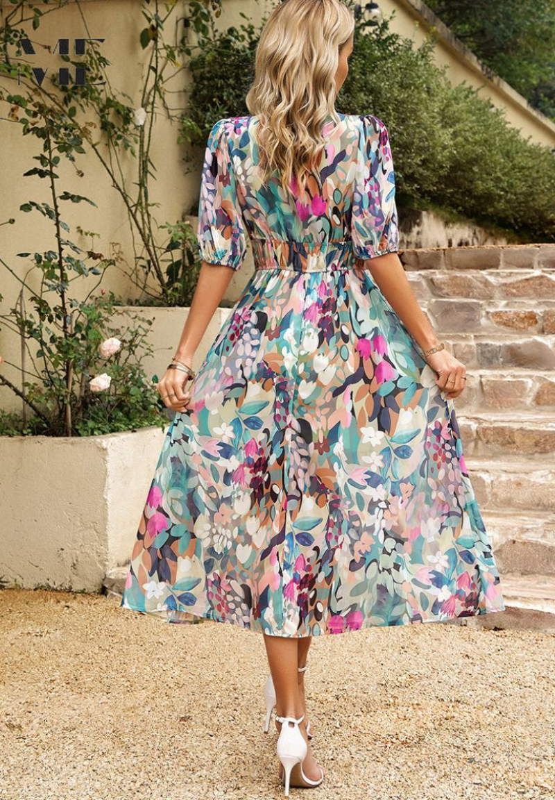 Roxanne | Elegant Floral Midi Dress with Puff Sleeves - Image 2