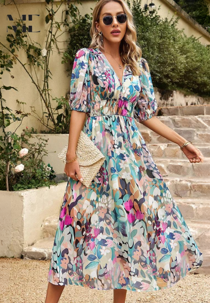 Roxanne | Elegant Floral Midi Dress with Puff Sleeves - Image 4