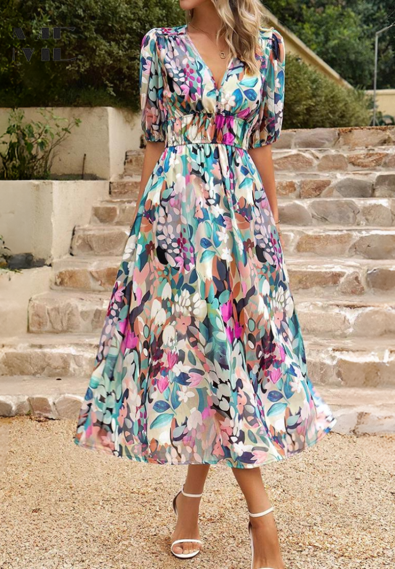 Roxanne | Elegant Floral Midi Dress with Puff Sleeves - Image 3