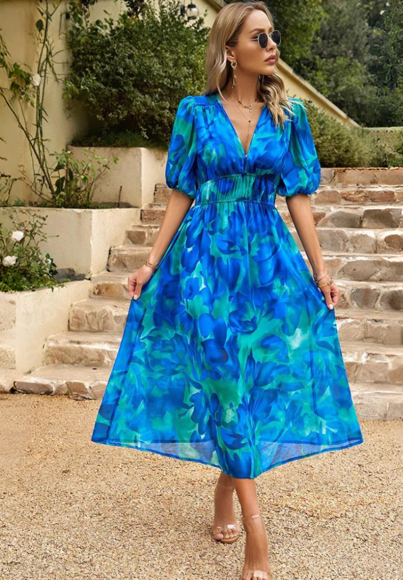 Roxanne | Elegant Floral Midi Dress with Puff Sleeves - Image 5