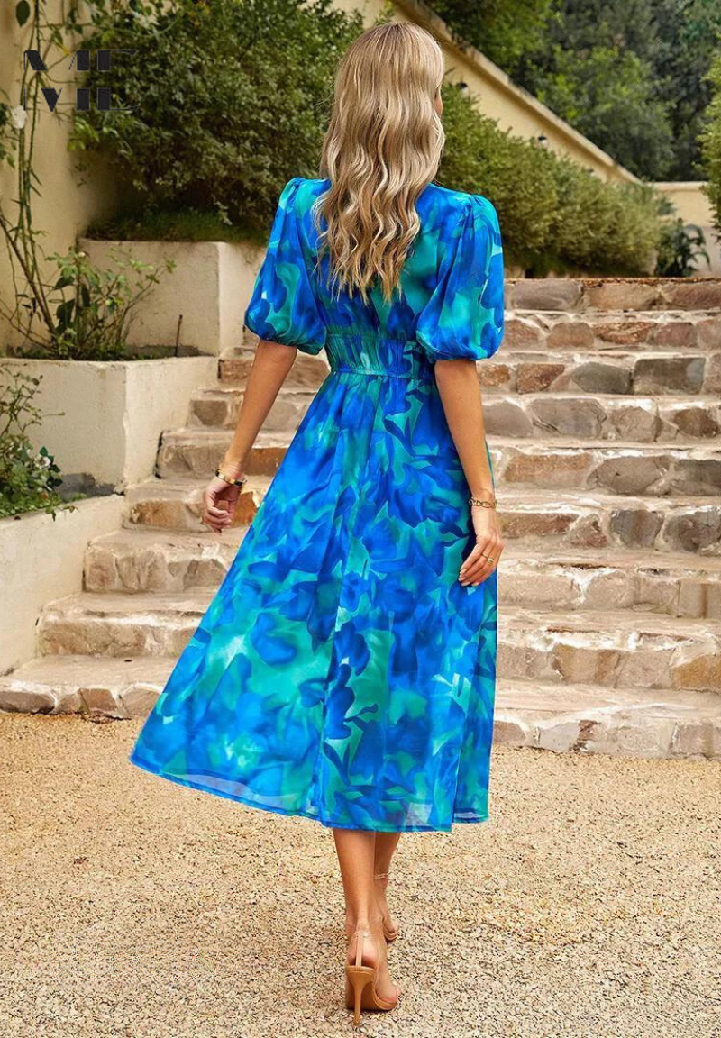 Roxanne | Elegant Floral Midi Dress with Puff Sleeves - Image 6