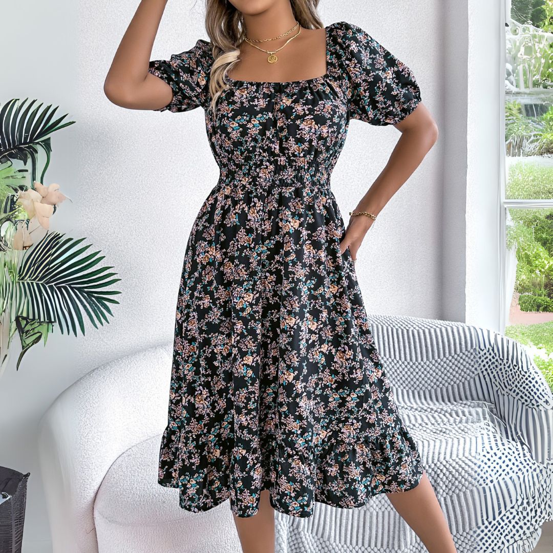 Vestea | Elegant Floral Midi Dress with Puff Sleeves - Image 8