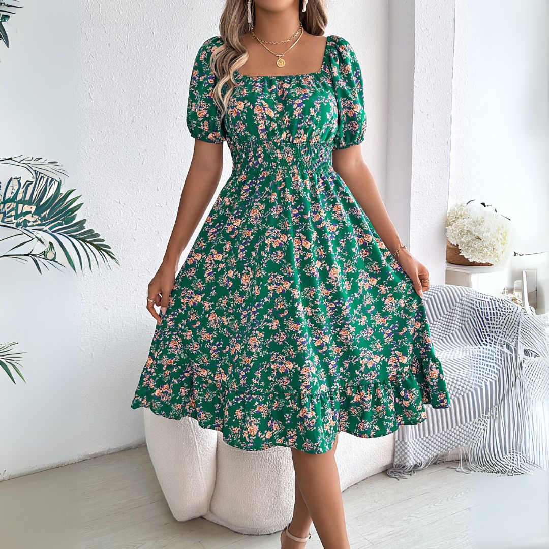 Vestea | Elegant Floral Midi Dress with Puff Sleeves - Image 5