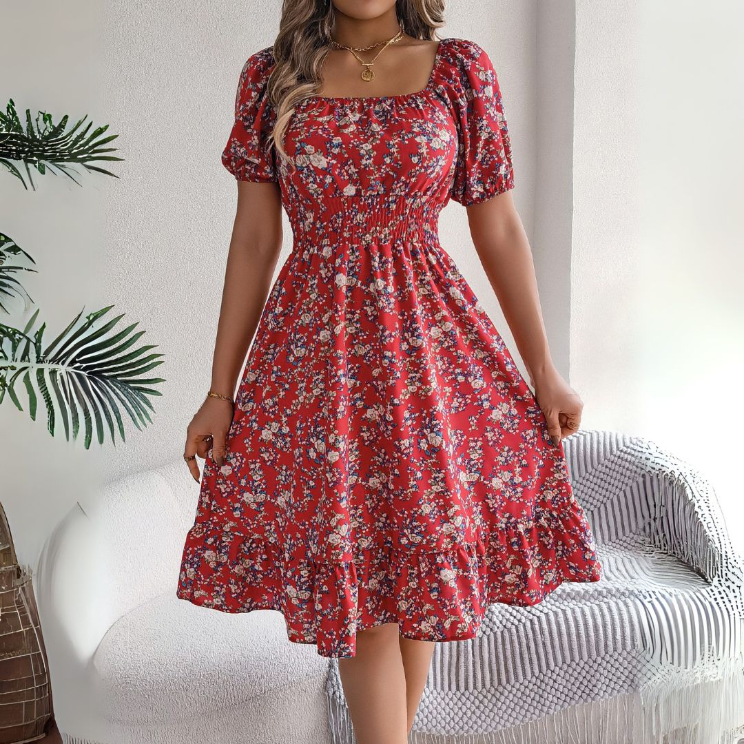 Vestea | Elegant Floral Midi Dress with Puff Sleeves - Image 6