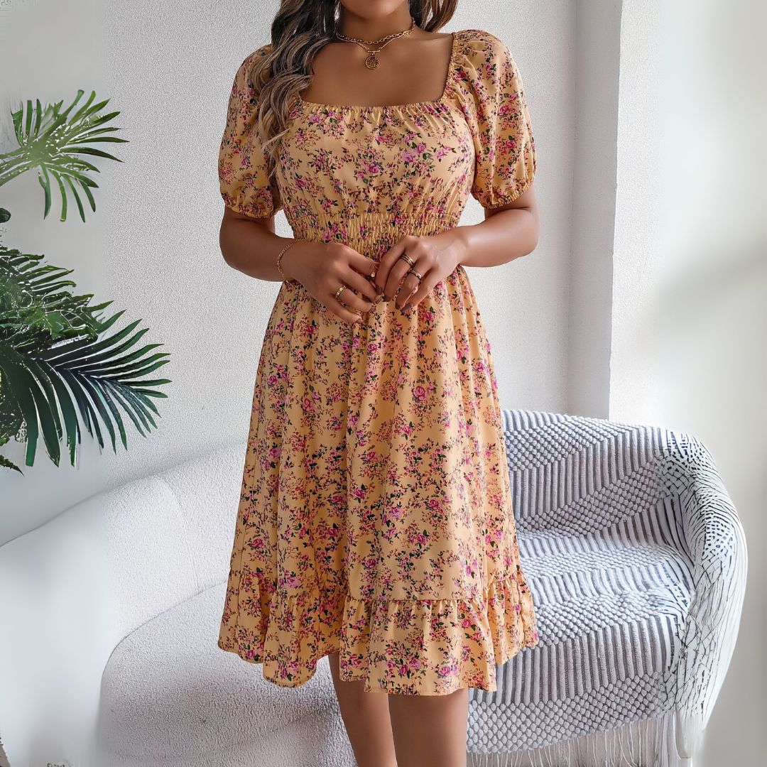 Vestea | Elegant Floral Midi Dress with Puff Sleeves - Image 7