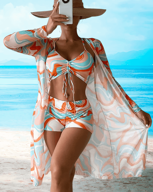 Rosie | Stylish Beachwear Set - Sheer Cardigan & Ruched Bikini Top - Image 1