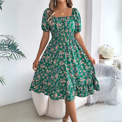 Vestea | Elegant Floral Midi Dress with Puff Sleeves - Image 5