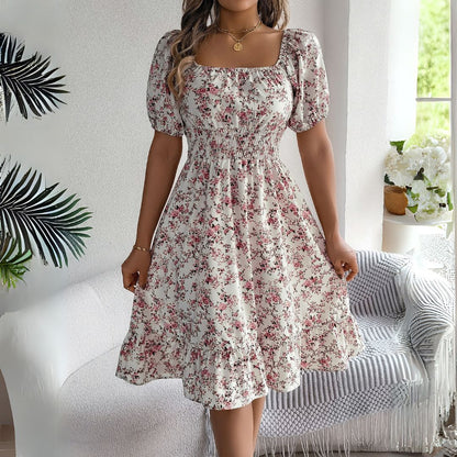 Vestea | Elegant Floral Midi Dress with Puff Sleeves - Image 1